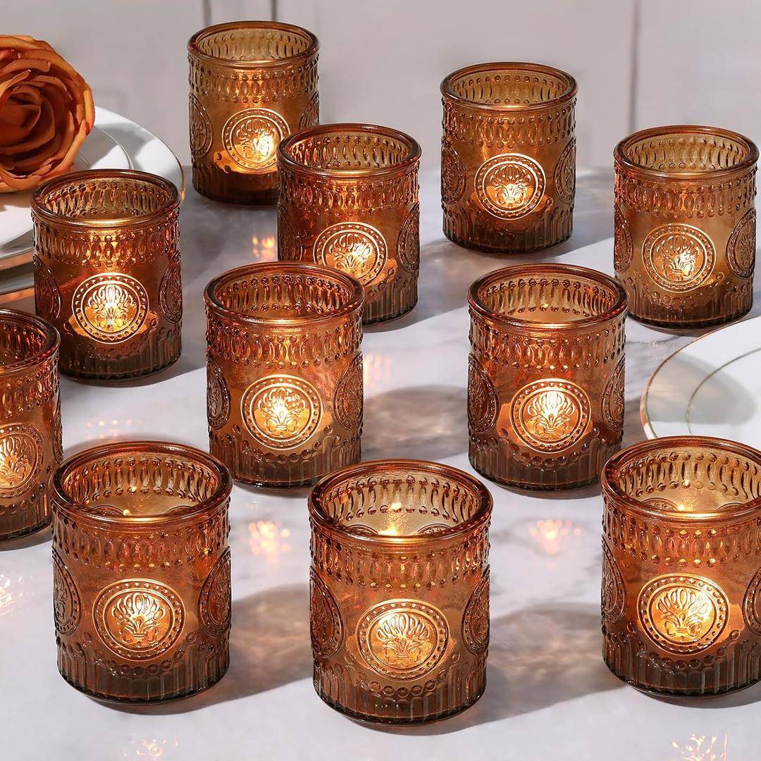 MATAHUM 24 Pcs Amber Votive Candle Holders, Glass Tealight Candle Holders for Fall Home Decorations, Wedding Table Centerpiece, Birdal Shower, Party