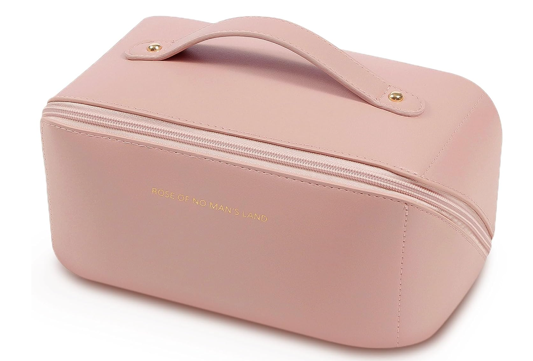 Lunarsoft Leather Makeup Bag,Pink Large Cosmetic Case with Dividers & Handle, Water-Resistant Lining, Multi-Pockets, Portable Toiletry Bag Organizer,Packing Underwear Organizer Bag