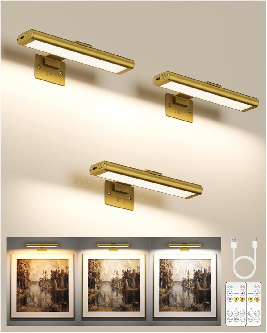 EZVALO Picture Light for Wall, Rechargeable 2400mAh Battery Lights Wireless with IR Remote, 3 Color & Dimmable Magnetic 7.87'' LED Lights Display for Painting, Living Room, Gallery, Bedroom(Gold-3P)