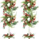 LemonRoad 4 Pieces 3.15in Christmas Candle Ring Wreath for Taper Candles, Pine Branch with Red Berries Lamb's Ear Garland, Candle Rings for Taper Candles, Table Decoration, Winter Home Decor