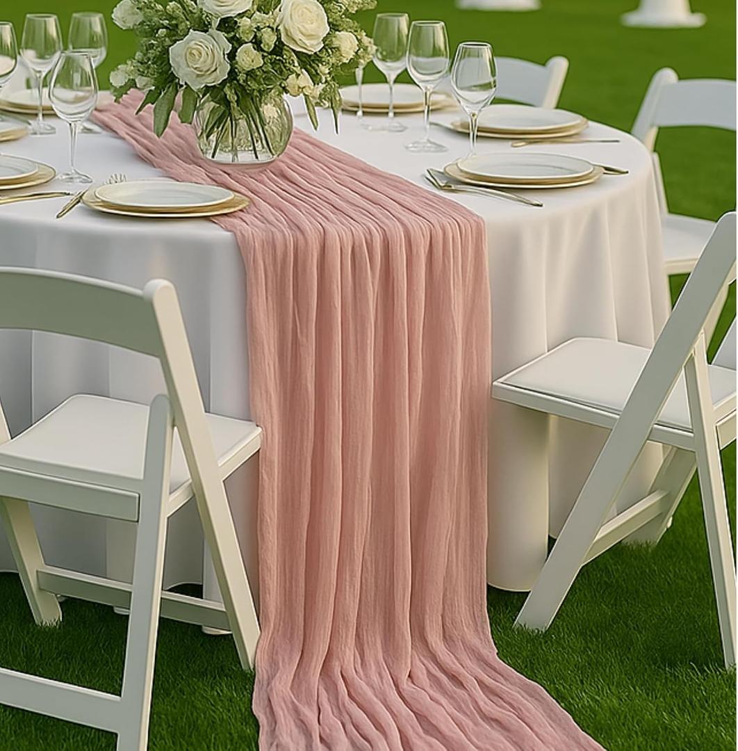 6 Pack Dusty Pink 10FT Cheesecloth Table Runners 120 Inch Blush Gauze Boho Table Decor Set for Bridal Shower, Mothers Day Brunch, Baby Girl Party, or Romantic Wedding Reception