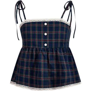 Verdusa Women's Tie Shoulder Button Front Ruffle Hem Cami Top Sleeveless Peplum Shirt Dark Blue X-Small