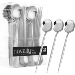 Novelty Modern Flatware, Cutlery, Disposable Plastic Soup Spoons Luxury Silver 32 Count