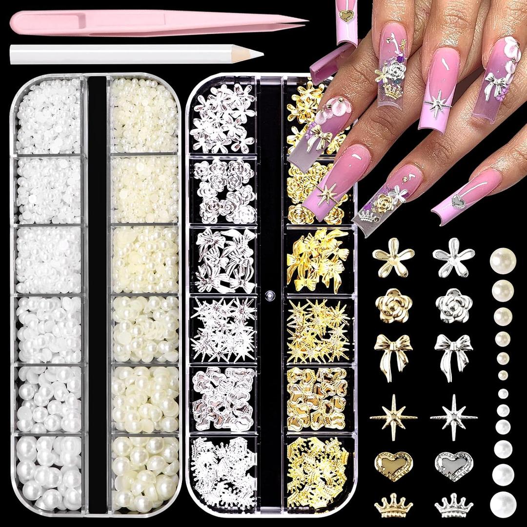 BELICEY 2 Boxes 3D Nail Charms Mix Gold Silver Star Bow Flower Heart Charms for Nails Beige White Flatback Nail Pearls Metal Nail Studs Charms and Gems for DIY Nail Art Supplies Accessories Crafts