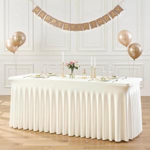 Suppromo 6ft Ivory Spandex Tablecloths for Rectangle Tables Wrinkle Free Ivory Table Cloth Rectangle Stretch Fitted Table Cover with Skirt for Wedding Birthday Party Banquet Baby Shower Buffet Event (72" x 30" (6FT - 1 Pack))