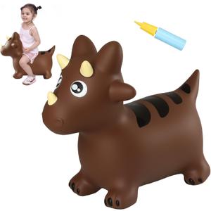 INPANY Bouncy Horse, Dinosaur Hopper Toys, Toddler Bouncing Animal, Dinosaur Party Decorations, Inflatable Ride on Rubber Triceratops Bouncer, Outdoor Cool Birthday Gift for 2 3 4 Yr Boy Girl Brown