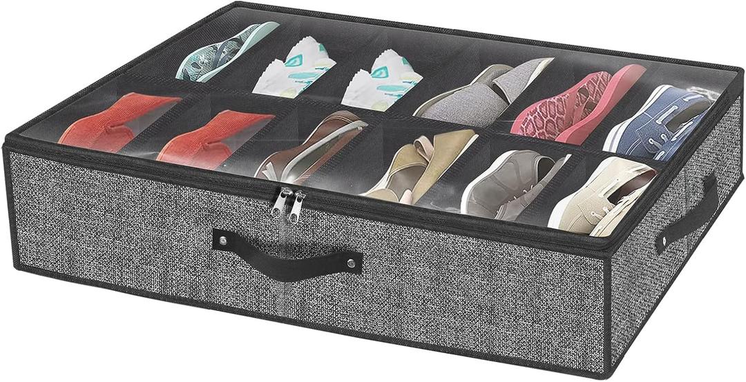 homyfort Under Bed Shoe Storage Organizer Fits 12 Pairs- Underbed Shoe Container Solution Shoes Box Bins with Clear Window for Sneakers,High Heels,Flip Flop(Black)