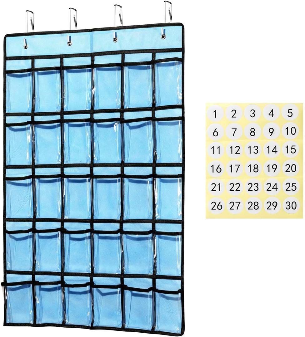 KEEPJOY Classroom Pocket Chart for Cellphone Calculator Holder, 30 Clear Pocket Charts for Classroom 33.5 x 24.5 inch Hanging cell phone Organizer Storage (Blue-30 pockets)