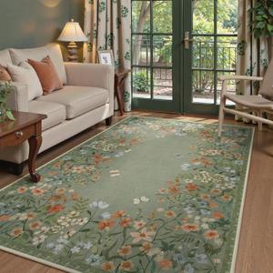 Lahome Boho Floral Green Washable 5x7 Area Rugs for Living Room, Non Slip Rugs for Bedroom, Indoor Throw Dining Room Carpet for Under Table Entryway Kitchen Office, (Green,5x7)