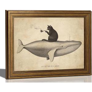 Vintage Gold Framed Funny Black Cat Canvas Wall Art Retro Maximalist Painting Picture Whale Wall Decor Abstract Poster Print Artwork for Bathroom Living Room Bedroom Home Decoration 9x11in
