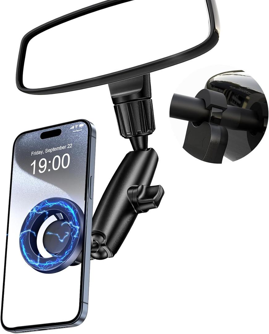Magnetic Phone Holder for Car, Rear View Mirror Phone Holder, 360 Rotating Car Phone Mount, Compatible with iPhone 16/15/14/13/12 Series and All Phones with Magsafe Case or Metal Ring