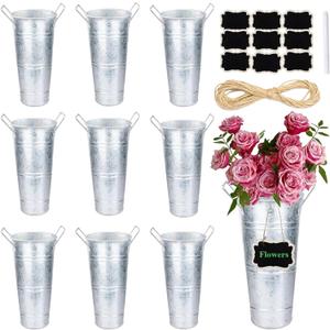 10 Set Galvanized Flower Buckets Farmhouse Flower Vases Metal Vases for Flowers Rustic Flower Bucket with Small Chalkboard Label Metal Flower Buckets for Flowers Wedding Table Centerpieces (10inch