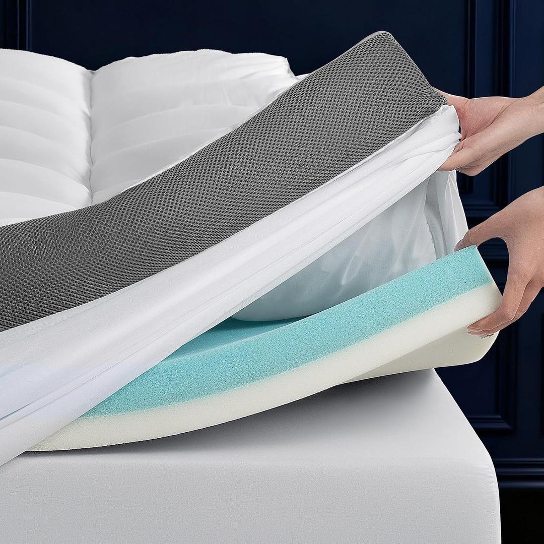 LIANLAM 5 Inch Dual Layer Memory Foam Mattress Topper - 2.5 Inch 1500GSM Fluffy Soft Pillow Top Mattress Cover and 2.5 Inch Cooling Gel Memory Foam for Back Pain Relief (Queen, 60"x80")
