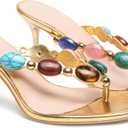 Women's Jeweled Thong Strappy Sandal Summer Mules Kitten Heels Flip Flop Round Open Toe Mid Heels Fashion Wedding Party Dress Thong Casual Shoes (6.5, Gold)