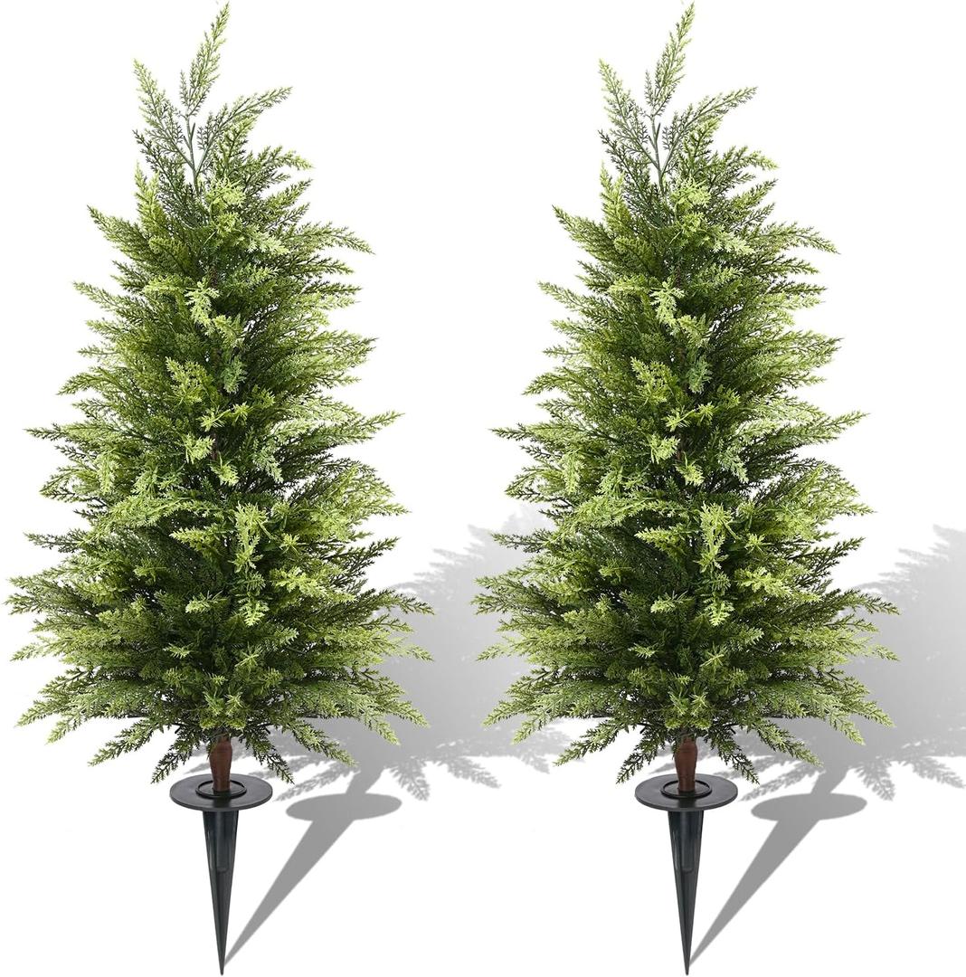 3FT Artificial Cedar Topiary Trees Set of 2, Real Touch & Dual-Tone Faux Cypress with Ground Spike, UV Resistant Realistic Fake Evergreen Shrubs for Indoor Outdoor Garden, Porch, Office Decor