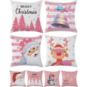 Pink Christmas Throw Pillow Covers 18x18 Inch Set of 4 Winter Holiday Decor Pillowcase Snowman Santa Claus Xmas Tree Decorative Cushion Case for Couch Sofa