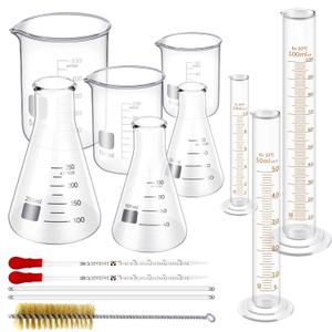 14 Pcs Glass Measuring Beaker 50/100/500 ml, Glass Flask 50/100/250 ml, Graduated Cylinder 10/50/100ml with 1 Brush, 2 Diameter and 2 Droppers for Science Lab
