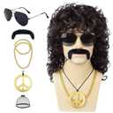 Mens Curly Wig + Glasses + Gold Chain + Peace Sign Necklace +Mustache + Wig Cap Long Curly Black Wigs for 70s Disco Party Cosplay Costume Halloween Use6pcs Set