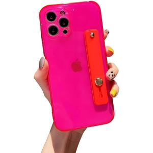 siduater Case for 6.7" iPhone 14 Pro Max with Wrist Strap Kickstand, Shockproof Translucent PC Back Cover + Soft TPU Bumper with Adjustable Hand Grip Loop for iPhone 14 Pro Max 6.7 Inch, Neon Magenta