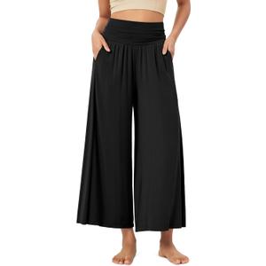 ODODOS Women's Wide Leg Palazzo Lounge Cropped Pants with Pockets Light Weight Comfy Casual Pajama Pants-24 inseam, Black, Small