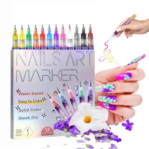 12 Color Nail Art Pen Set, 0.5mm Ultra Fine Nail Polish Pens for Drawing & Painting, Waterproof Quick-Drying Acrylic Nail Liner Dotters, DIY Manicure Design Art Kit with Professional Nail Tools