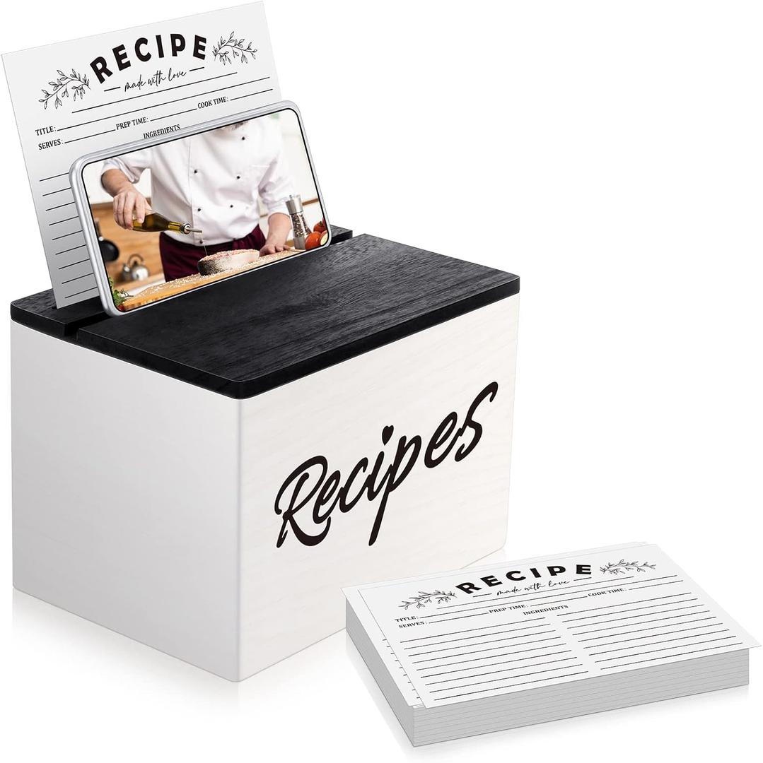 Hoteam Wooden Recipe Box with Cards Rustic Wood Recipe Card Holder with 50 Pcs 5 x 7 Cards Set Farmhouse Organization Box with Dual Slots for Phone Kitchen Decoration(White)