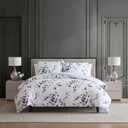 Vera Wang - Queen Size Duvet Cover Set, 100% Soft & Smooth Cotton Sateen Floral Bedding, 3-Piece Reversible Bed Set with Matching Pillowcases (Noir Bouquet/Ikat Line Grey)