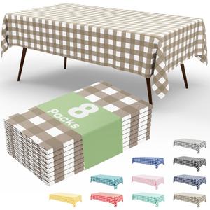 misaya 8 Packs Buffalo Disposable Table Cloth, 54 x 108 Inch Waterproof Plastic Tablecloth, Rectangle Khaki and White Checkered Table Covers for Picnic, Birthday, Party