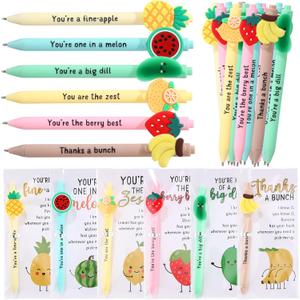 Dunzoom Positive Coworkers Gifts Funny Fruit Pen Bulk Motivational Fruit Ballpoint Pens with Inspirational Cards Employee Appreciation Gifts for Graduation Party Favor Coworker Teacher Team(24 Sets)