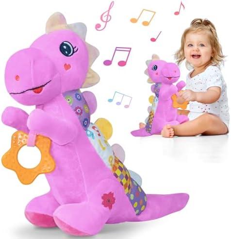 Pack of 2 Baby Dino Plush Soft Stuffed Animal Toy for 0-3-6-12+ Months,Infant Musical Toy with Rattle,Squeaker,Sensory Crinkle,Teether & Textures,Toys for Christmas Baby Gift for Newborn Girl Boy (Purple)