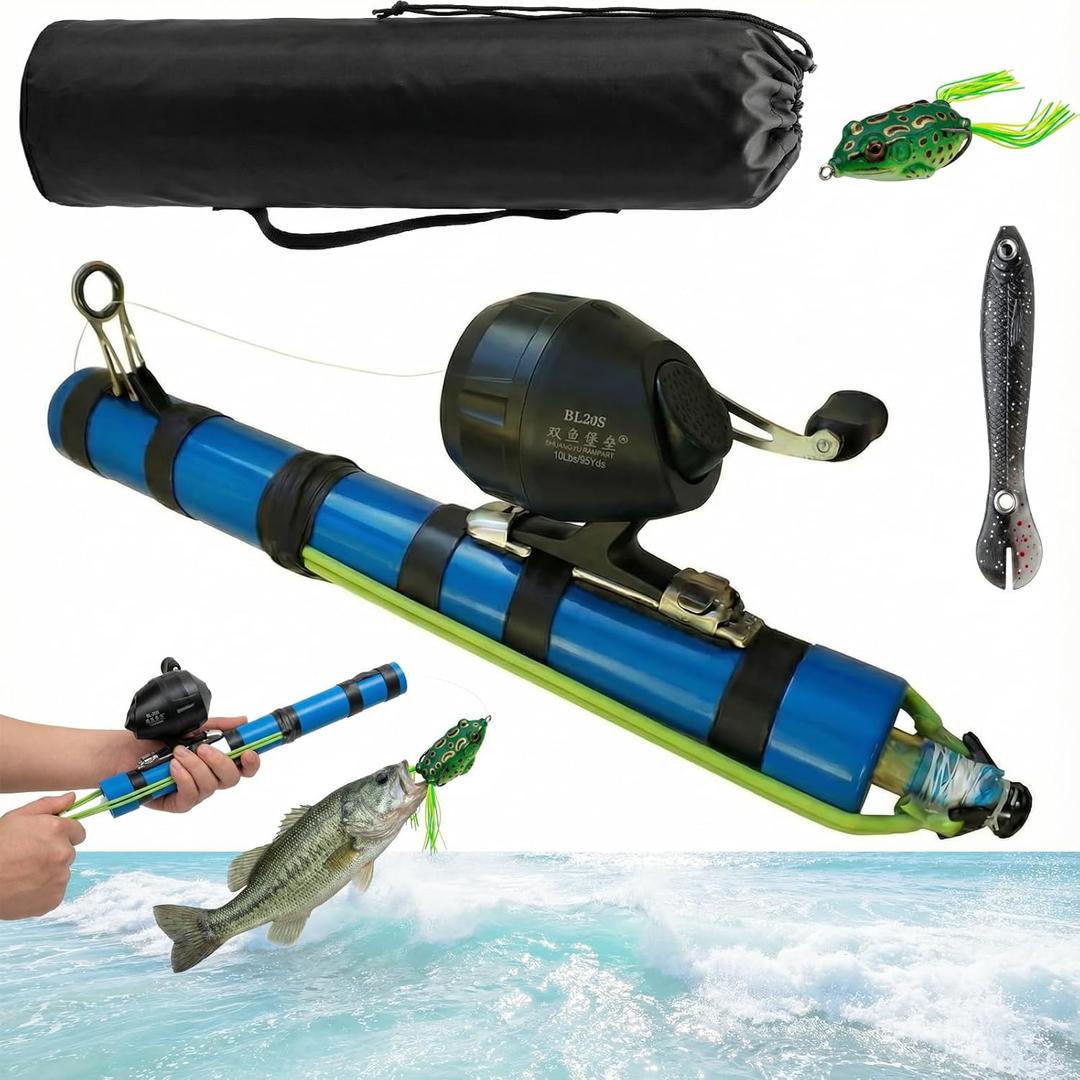 Fishing Catapult Rod with Reel & 2 Lures, Portable Telescopic Slingshot Fishing Pole, Complete Casting Kit with Carry Bag for Saltwater and Freshwater Fishing Gear