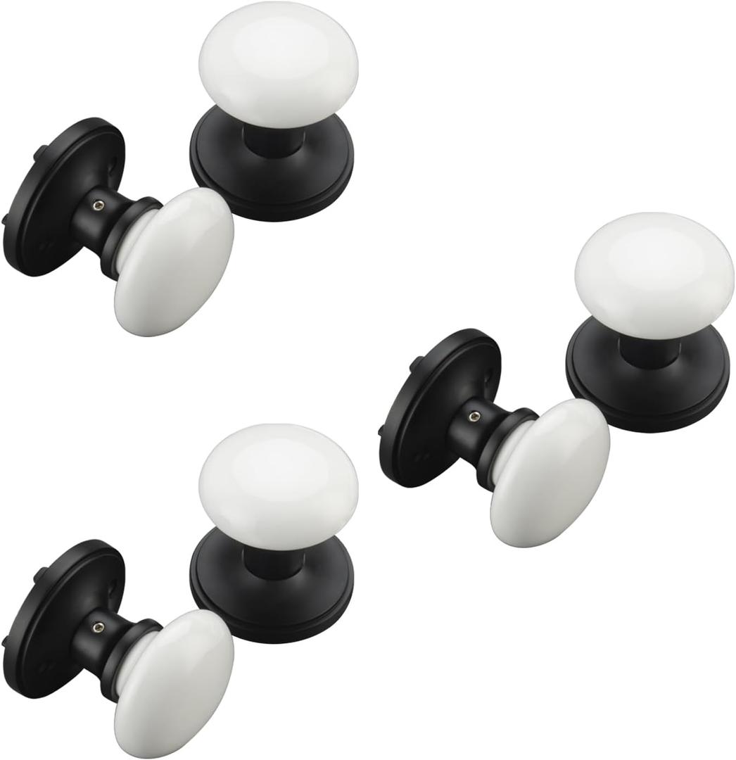 NCL White Door Knobs, 3 Pack Round Passage Door Knob, Matte Black Keyless Door Handles, Porcelain Door Levers