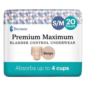 Because Premium Maximum Plus Adult Incontinence and Postpartum Bladder Leak Underwear for Women, Maximum Absorbency, Disposable, Beige, Small/Medium, 20 Count Because Premium Maximum Plus Adult Incontinence and Postpartum Bladder Leak Underwear for Women, Maximum Absorbency, Disposable, Beige, Small/Medium, 20 Count