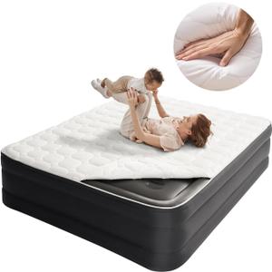 CHILLSUN Queen Air Mattress with Built in Pump,Raised Comfort Blow up Mattress,Dual Layer Mattress Topper Airbed,Durable Inflatable Mattress for Guests Home,Colchon Inflable 800lbs Max (Luxury Black)