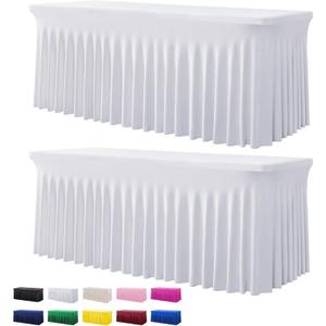 2 Pack White Spandex Table Clothes for 6 Foot Rectangle Tables, Wrinkle Free Fitted Table Cover 6ft Stretch Tablecloths Desk Skirt for Parties Weddings Birthday Banquet Baby Shower