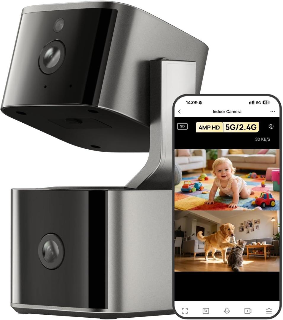 Dual Lens Security Indoor Camera 5G/2.4G WiFi, 2K+2K Pet Smart Camera with Pan Tilt for Home, Baby Monitor, AI Tracking, Motion Detection, Color Night Vision, 2-Way Talk, No Dead Zone, 355 View