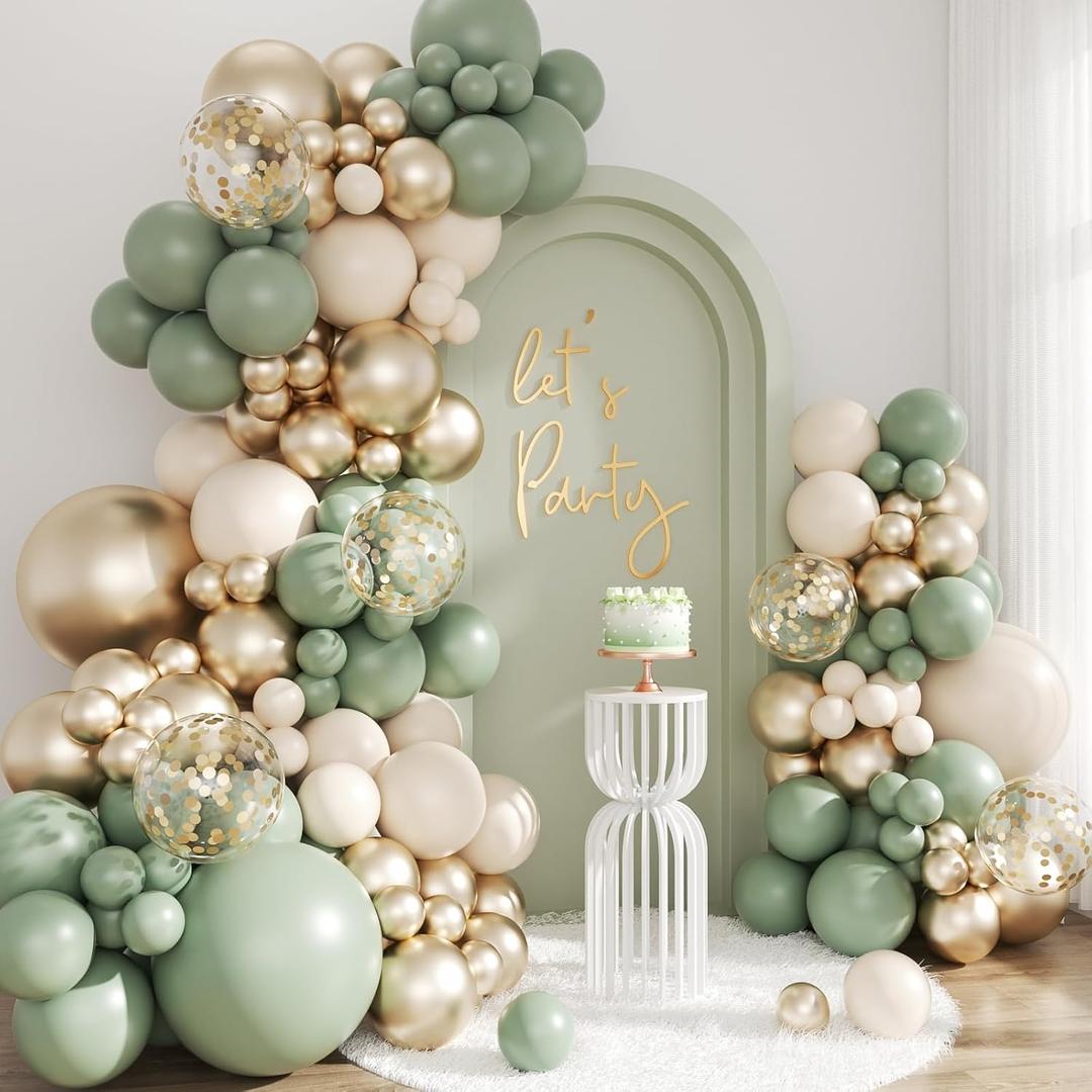 Sage Green Gold Balloon Arch Kit, 143Pcs Sage Green and Sand White Gold Balloons Garland Arch Kit Coffetti Balloons for Birthday Wedding Baby Shower Gender Reveal Decorations