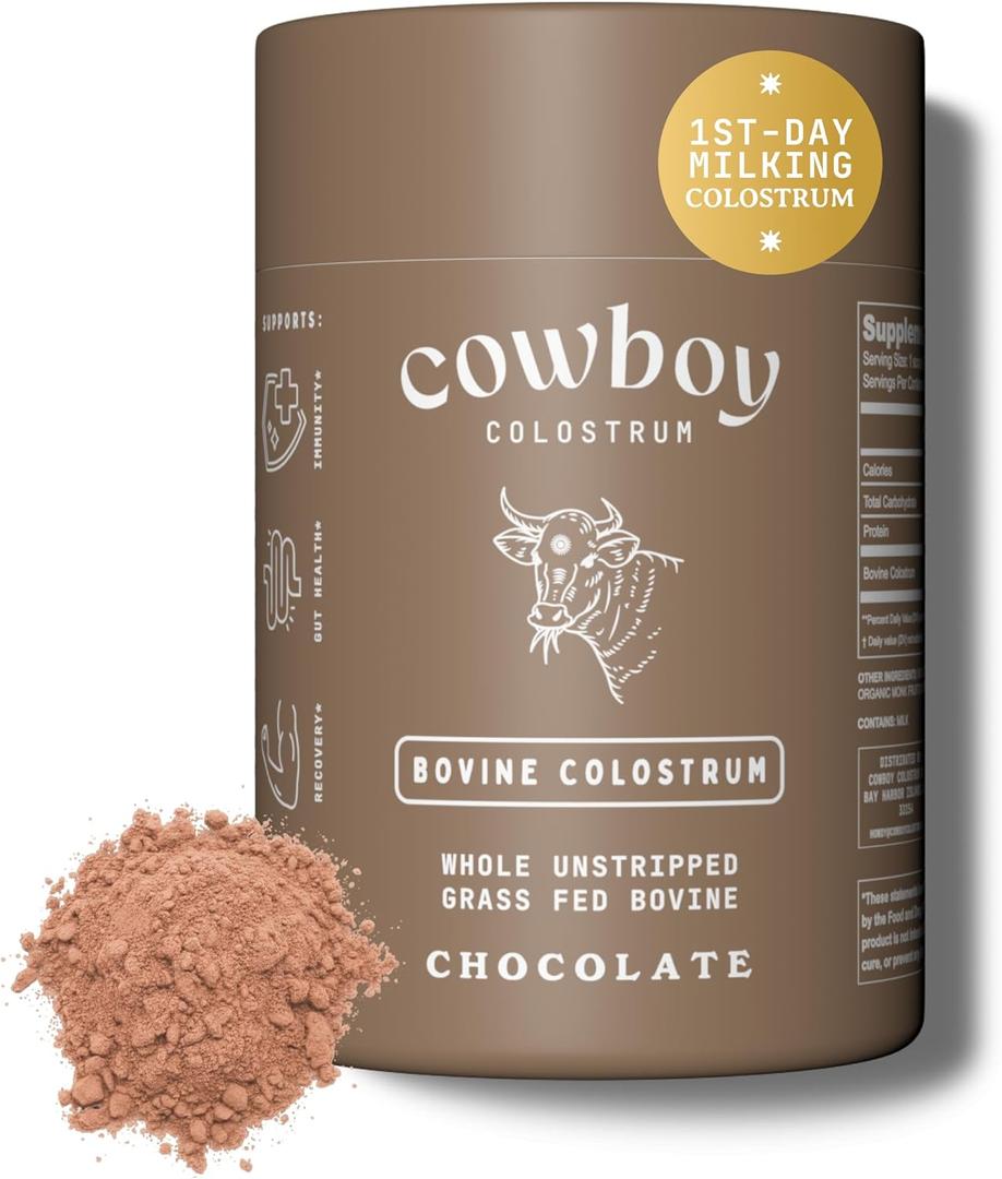 COWBOY COLOSTRUM Powder - Bovine Colostrum Powder for Women & Men - First Day Milking Whole Colostrum - Grass Fed Colostrum Supplement for Gut Health, Immunity, Skin & Hair (Chocolate, 40 Servings)