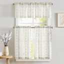 JINCHAN Boho Gray Stripe Kitchen Curtains and Valance Set Linen Tier Curtains Bohemian Small Window Drapes 24 Inch for Cafe Living Room Bathroom Window Treatments Rod Pocket 3 Pieces Set Grey on Beige