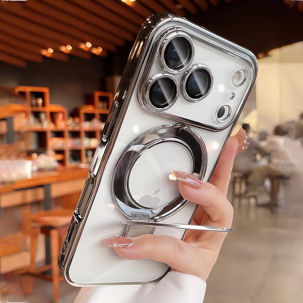 JBJZYZZ Clear for iPhone 17 Pro Case Magnetic Kickstand,Built-in Camera Lens Protector, Compatible with MagSafe, Case Cover for 17 Pro,Silver