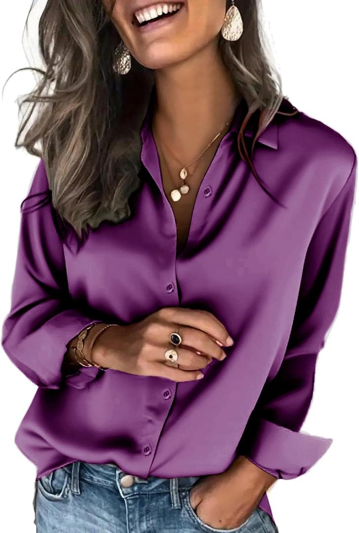 Zeagoo Satin Blouses for Women Silk Button Down Shirts Long Sleeve Business Casual Tops, Size: Large