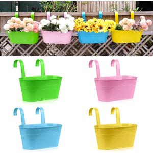 RIOGOO Flower Pots Metal Iron Hanging Flower Pots Garden Pots Balcony Planters Metal Bucket Flower Holders Wall Hanging Decor Pot- Detachable Hook (4 PCS) (Large)