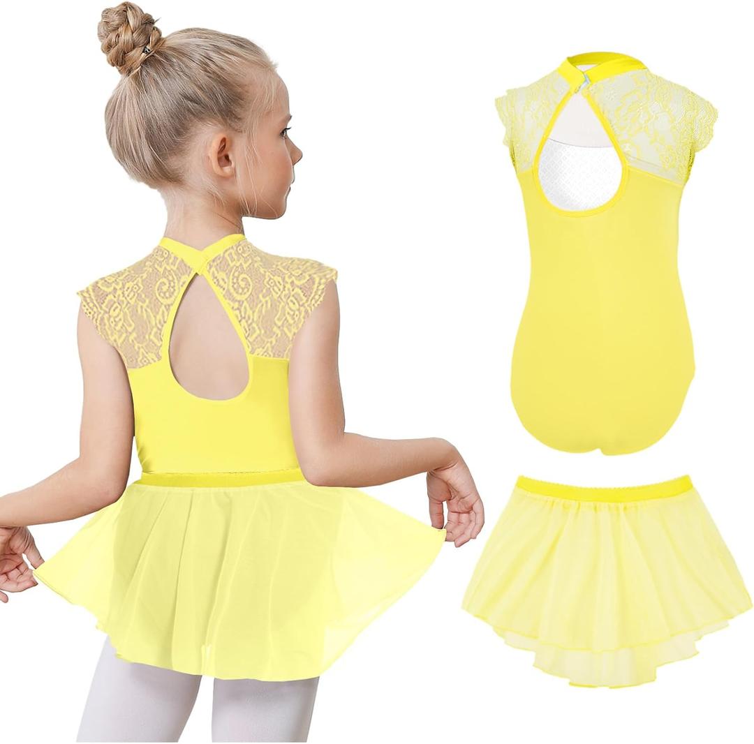 Gogokids Ballet Leotards for Girls Dance Leotards Toddler Hollow Back Lace Dance Dress with Removable Skirt Combo 3-11Years (C-yellow (Pull on Skirt)) 10-11 Years