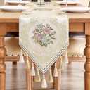 Loom and Mill Luxury Elegant Table Runner 13x90 inch, Floral Jacquard Fabric Dining Table Runners with Tassels, Great for Home Table Setting Kitchen Dresser Party Holiday Decor(Pearly Beige, 13x90in)