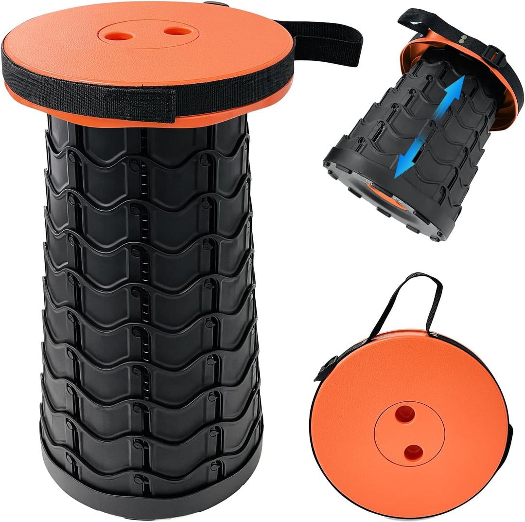 Collapsible Portable Stool, 440lbs Load Capacity Folding Stool with Adjustable Height, Carrying Strap - Telescoping Camping Stool for Camping, Hiking, Fishing, Travel, BBQ (Orange)