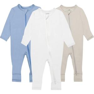 GUISBY Baby Pajamas with Mitten Cuffs - 3Pcs Girls Boys 2 Way Zipper Long Sleeve Rayon Sleepers (Newborn, Oatmeal-Cream-Light Blue)