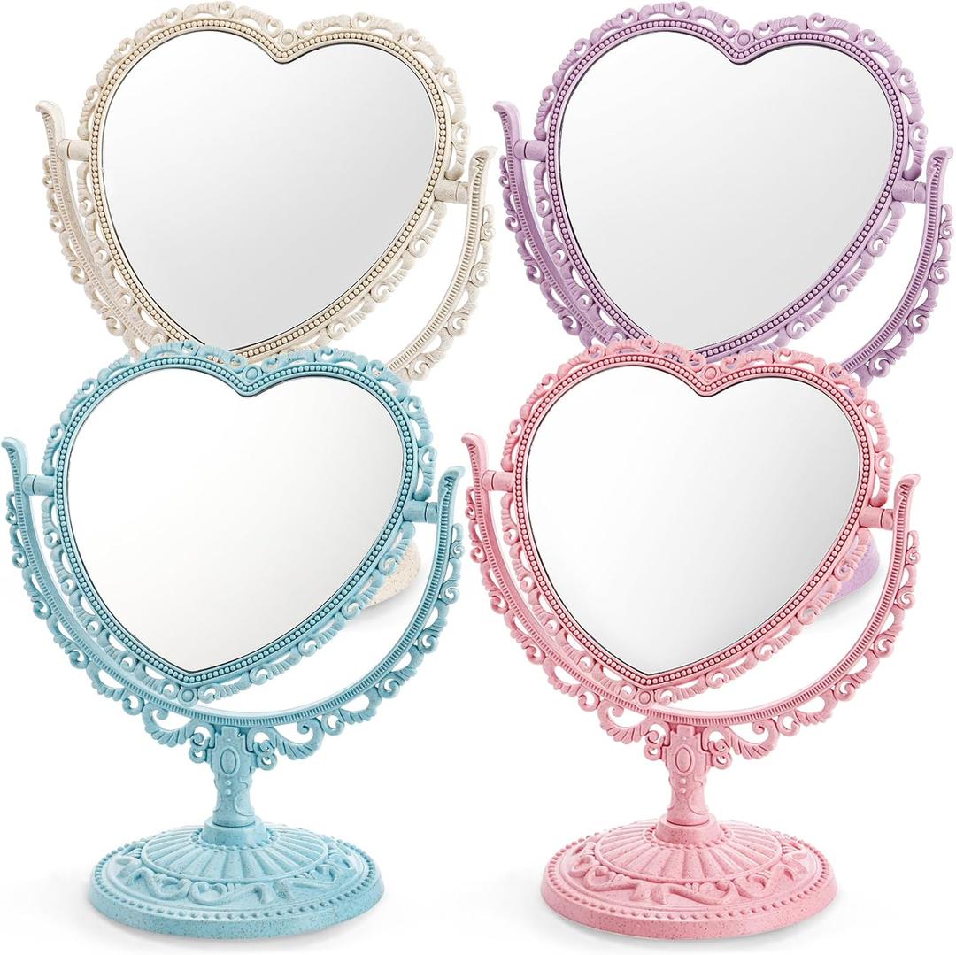 DEAYOU 4 Pack Heart Shaped Cosmetic Mirror, Vintage Vanity Tabletop Mirror with Double Sided, Rotatable Dresser Mirrors with Stand for Makeup, Girl, Women, Beauty, Spa Party, 4 Color