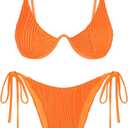 ZAFUL Women's Textured Underwire Bikini Set V Notch High Cut Swimwear Tie Side Ribbed Sexy Swimsuits (Orange, L)