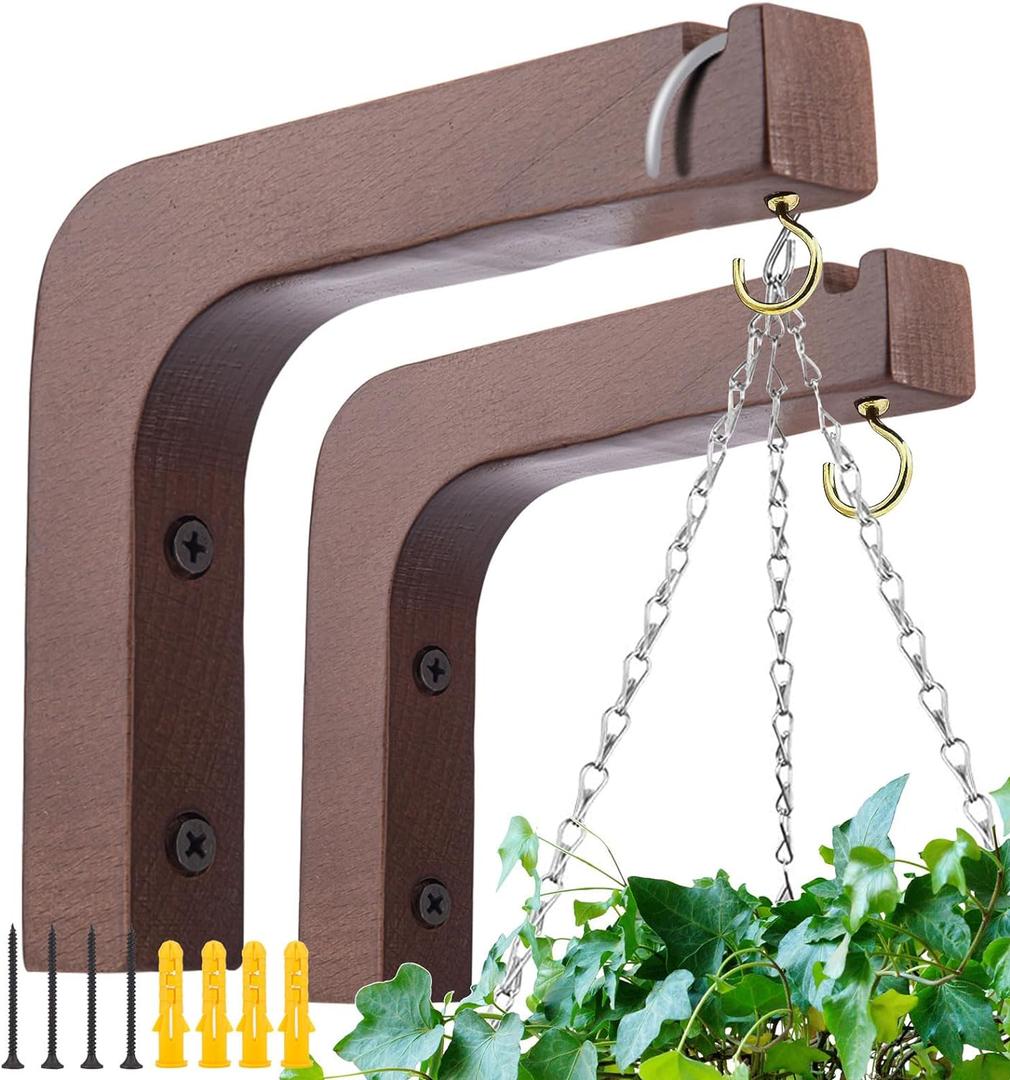 2 Pack Wooden Wall Hooks for Hanging Plants,Lanterns,Flower Bracket,Wind Chimes,Bird Feeders,Macrame Plant Hangers,5.9 inch Wooden Plant Hangers for Indoor Outdoor, Walnut Color
