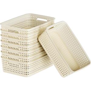 White Plastic Basket, 8 Pack Home Organization and Storage Baskets with Handles, Space Saving Woven Organizer Bins Plastic Storage Basket for Organizing Cabinets,Closets, Shelves, Countertops